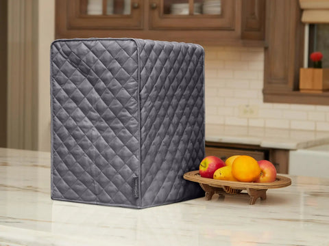 Slate quilted blender cover on kitchen counter with fruit, Quilted Blender Cover For Food Processors Dust And Stain Resistant Washable Slip On Protector