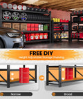 Heavy Duty 4 Tier Garage Shelving Unit, 71 Inch Wide Steel Storage Rack in garage with tools and tires