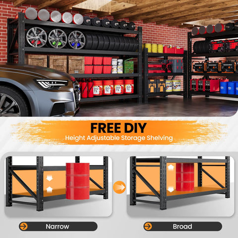 Heavy Duty 4 Tier Garage Shelving Unit, 71 Inch Wide Steel Storage Rack in garage with tools and tires