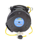 Heavy Duty Retractable Extension Cord Reel With Triple Tap Outlet Seventy Five Foot Site Ready Power Hub, yellow cord, front view.