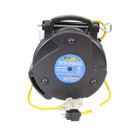 Heavy Duty Retractable Extension Cord Reel With Triple Tap Outlet Seventy Five Foot Site Ready Power Hub, yellow cord, front view.