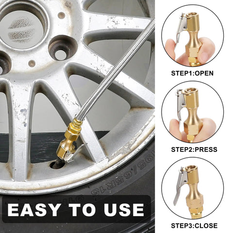 Go-To 21 Inch Tire Inflator Gauge Hose Replacement With Locking Chuck And Brass Connector 3/8-24 UNF Threads For Quick PSI Checks, Heavy Duty Air Line, Handles Up To 300 PSI Working Pressure And 1100 PSI Burst on wheel valve
