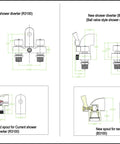 Diagram of clawfoot tub faucet with ceramic cartridges showing old and new shower diverter fittings, R3100 and B3100 models.