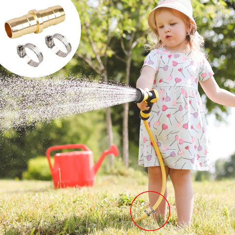 Child using hose with 4 Pack Garden Hose Repair Kit With Stainless Clamps Fits 3/4 To 5/8 Inch Hoses, showing leak fix.