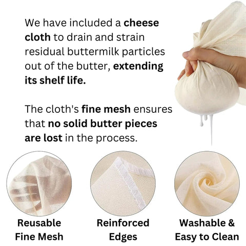 Effortless Hand Crank Butter Churner Fits Classic Mason Jars For Rustic Kitchen Vibes showcasing reusable cheese cloth for butter straining.