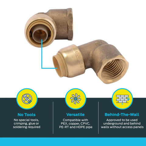 Half Inch To Half Inch Push To Connect 90 Degree Female Elbow Brass Plumbing Fitting for PEX Copper CPVC PE-RT SDR-9 HDPE Pipe