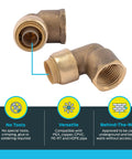 90 Degree Brass Push To Connect Female Adapter Elbow Half Inch To Half Inch Pack Of Six Plumbing Fittings For PEX Copper CPVC PE RT HDPE U308LF