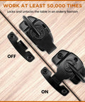 Black Table Leaf Latch Lock Hardware Kit With Mounting Screws For Folding Dining Tables showing lock in on and off positions.
