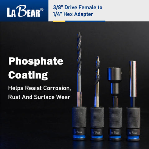 Three Eighths Inch Square Drive To One Quarter Inch Hex Converter With CrMo Steel Quick Release Chuck And Patented Adjustable Design For Anti Loosening And Reduced Wobble One Hand Quick Change For Impact Drills Ratchets Sockets And Drivers with phosphate coated bits