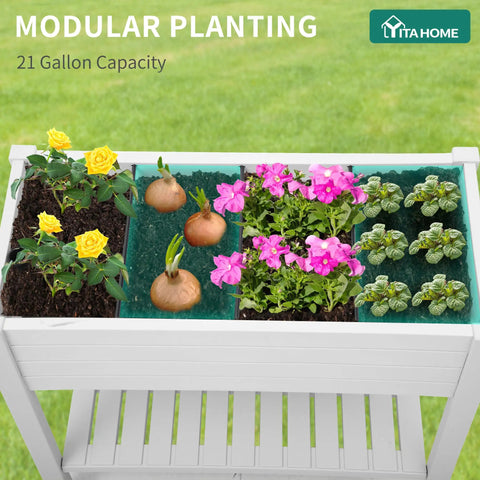 Top view of Elevated Garden Bed Kit With Legs And Wheels Large Resin Planter Box Stand With Drain Plug And Storage Shelf perfect for plants.