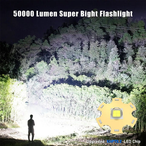 Ultra Bright LED Flashlight With 50,000 Lumens And A 3937 Foot Beam illuminating a forest at night