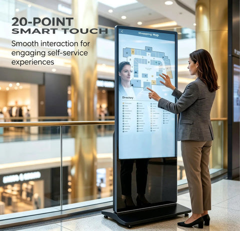Top Shelf 65 Inch 4K UHD IPS Digital Signage Kiosk With Super Smooth Touchscreen Android Media Player and Wifi CMS Control in use for a directory.
