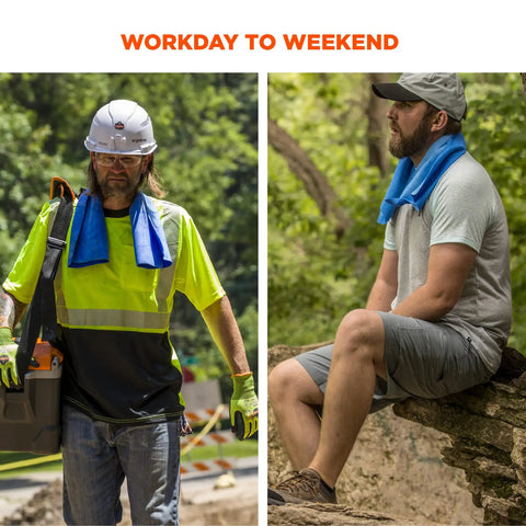Cooling Towel 6602 With Water Activated Instant Cooling Relief in blue, worn by construction worker and hiker, 29.5 x 13 inches.
