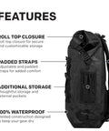 Side view of Rum Runner Gage Tech Waterproof Backpack for Fishing, showing padded straps, roll-top closure, and waterproof design.