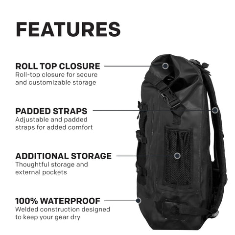Side view of Rum Runner Gage Tech Waterproof Backpack for Fishing, showing padded straps, roll-top closure, and waterproof design.
