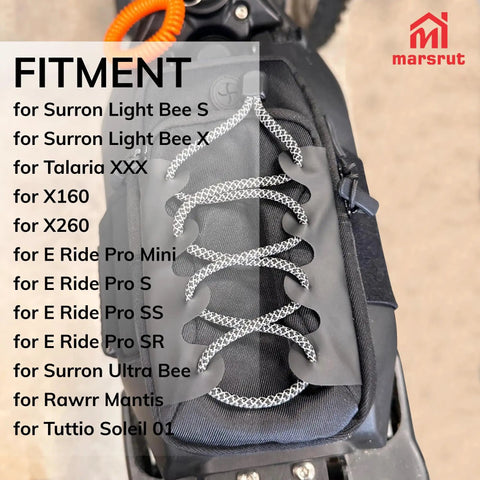 Ride Ready Front Battery Frame Cover Storage Bag For Electric Dirt Bikes And Ebikes Fits Surron Light Bee S And X LBX Talaria XXX X160 X260 E Ride Pro Mini S SR SS And Ultra Bee Rawrr Mantis Tuttio Soleil 01 with elastic strap on black bike frame