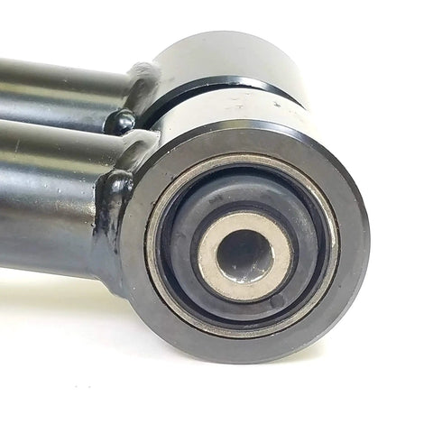 Close-up of adjustable rear lower control arm end for Toyota Land Cruiser 80 Series 1990-1997 with OE style rubber bushing.