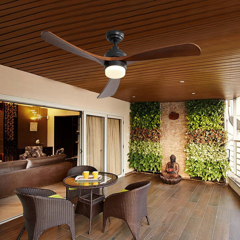 52 Inch Wood Ceiling Fan With Lights And Remote Control Indoor Outdoor Ceiling Fan For Patio Living Room Bedroom Or Office 3 Blades In Walnut Finish Quiet Motor Remote Switch Easy Install on patio with wicker chairs and plants
