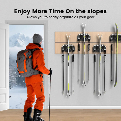 Space Saving Ski And Snowboard Wall Mount With Non Slip Rubber Grip Pads Garage Storage Rack displayed with skis on the wall.