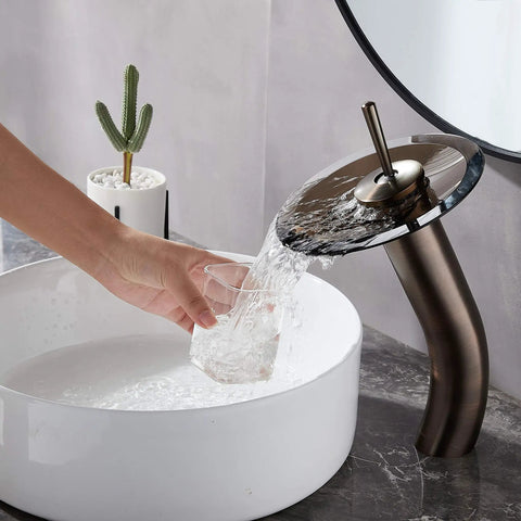 Waterfall Bathroom Faucet With Single Handle Solid Brass Construction Oil Rubbed Bronze Finish Tall Vessel Sink Vanity Faucet