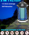 Beast 4200V Electric Bug Zapper For Indoor Outdoor With LED Attractant, Durable ABS Mosquito Killer hanging and glowing at night.