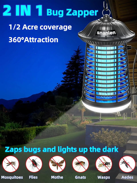Beast 4200V Electric Bug Zapper For Indoor Outdoor With LED Attractant, Durable ABS Mosquito Killer hanging and glowing at night.