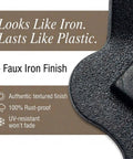 Close-up of faux iron finish on magnetic hardware showing texture, rust-proof, and UV-resistant features for durable use.