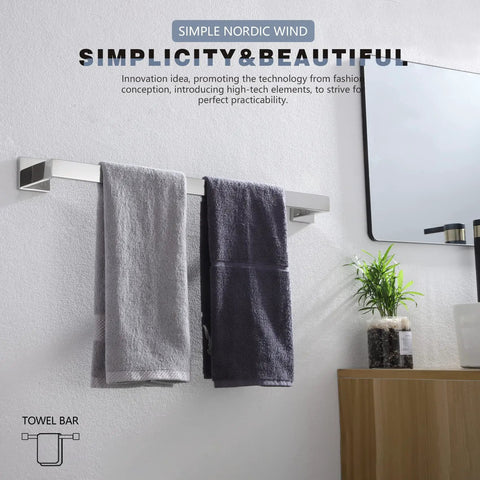 24 Inch Single Towel Bar Wall Mounted In Polished Chrome, SUS304 Stainless Steel Bathroom And Kitchen Towel Holder, Corrosion Resistant With 23 Inch Usable Length displaying gray and black towels in modern bathroom setting.