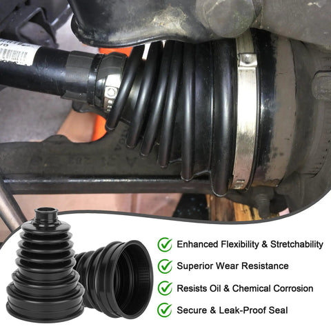 Two Pack Universal CV Axle Boot Repair Kit With Clamps installed on axle, showing flexible silicone boot fitting 19 to 34mm shafts.