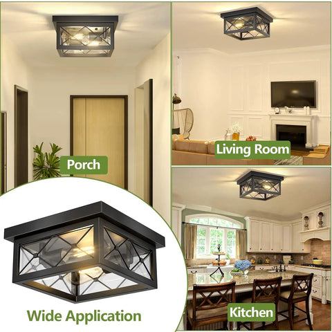 Farmhouse Dope 2 Light Ceiling Fixture In Black Flush Mount With Clear Glass Shade And Square Metal Cage in living spaces