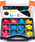 Must Have Pro Grade Heat Shrink Spade Connector Kit With 250 Pcs Quick Disconnect Terminals in open compartment case