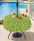 60 Inch Round Outdoor Tablecloth With Umbrella Hole And Zipper, waterproof, green polka dot on patio table by pool, Oxford fabric