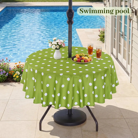 60 Inch Round Outdoor Tablecloth With Umbrella Hole And Zipper, waterproof, green polka dot on patio table by pool, Oxford fabric