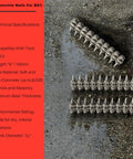 Three Quarters Inch Concrete Nails For BX3 Nailers, Carbon Steel, flat head fasteners on textured surface with specs list