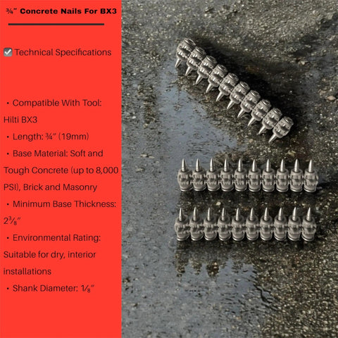 Three Quarters Inch Concrete Nails For BX3 Nailers, Carbon Steel, flat head fasteners on textured surface with specs list