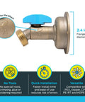 Straight Up Heavy Duty Brass Push To Connect Hose Bibb With Quarter Turn Shut Off Valve and 45 Degree Anti Kink Angle for Easy Peasy Pex Pipe Hookup and Reliable Outdoor Water Access, shown with flange dimensions.