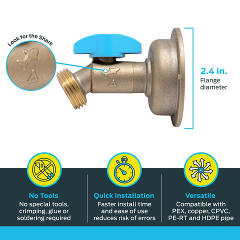 Straight Up Heavy Duty Brass Push To Connect Hose Bibb With Quarter Turn Shut Off Valve and 45 Degree Anti Kink Angle for Easy Peasy Pex Pipe Hookup and Reliable Outdoor Water Access, shown with flange dimensions.