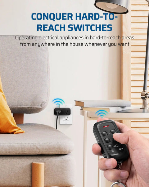 Hand holding remote for Indoor Remote Outlet Switch Set With Two Independent Outlets, Dual Control, 15A 1875W, in living room