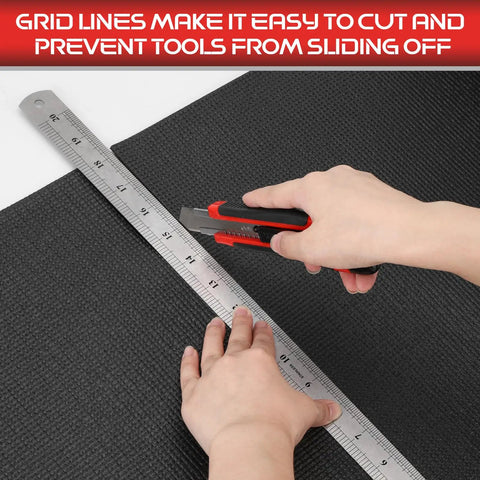 Heavy Duty Tool Box Liner 16 Inch By 16 Foot Roll 3mm Thick Non Slip Grid Line Drawer Mat being cut with utility knife