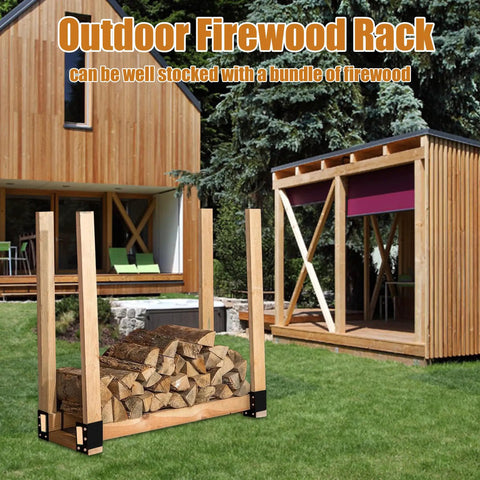 Outdoor firewood rack with logs, part of 4 Pack Firewood Storage Rack Brackets For Indoor Outdoor Use, Adjustable Heavy Duty Steel Log Holder