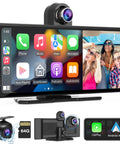 Slick Wireless CarPlay And Android Auto Dash Cam System with 9.3 Inch HD IPS Touch Screen showing app interface and group in car.