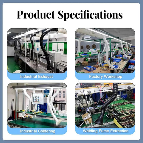 Product Specifications for Slick Handling Fume Extraction Arm With Dust Capture Hood And Duct Hose Hardware Kit For Shop Smoke Extraction Black Two Inch Diameter Five Foot Reach Nailed It Routing Smooth Airflow in workshop settings.