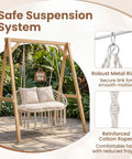 Double Hammock Chair With Cushions For Indoor And Outdoor Hangouts Boho Macrame Swing Seat That Fits Two People Patio Balcony Porch Supports Up To 600 Lbs Cozy Beige on wooden stand