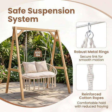 Double Hammock Chair With Cushions For Indoor And Outdoor Hangouts Boho Macrame Swing Seat That Fits Two People Patio Balcony Porch Supports Up To 600 Lbs Cozy Beige on wooden stand