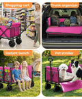 All In One Portable Collapsible Wagon Cart With Removable Side Lightweight Foldable Utility Groceries Wagon For Dogs Cats Camping Beach Shopping Sports Gardening Fishing Pink used as shopping cart, trunk organizer, bench, pet stroller