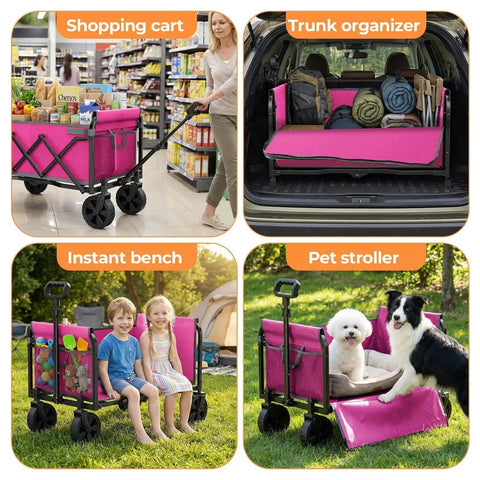 All In One Portable Collapsible Wagon Cart With Removable Side Lightweight Foldable Utility Groceries Wagon For Dogs Cats Camping Beach Shopping Sports Gardening Fishing Pink used as shopping cart, trunk organizer, bench, pet stroller