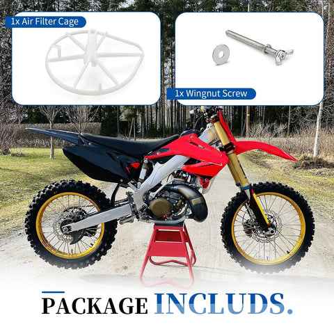 Kickass Premium Air Filter Cage And Wingnut Screw Kit For Honda CR125R CR250R Dirtbike Setup 2002 Through 2007 shown with air filter cage and wingnut.