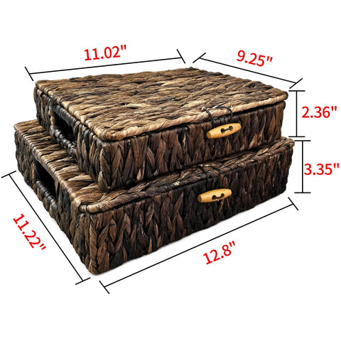 Natural Water Hyacinth Wicker Storage Baskets With Lids Set Of 2 shown stacked with dimensions labeled