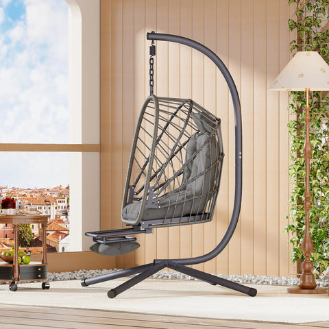 Outdoor Egg Swing Chair With Stand And Footrest, Cozy Patio Hanging Rocking Chair With Cushion, Indoor Or Outdoor Use