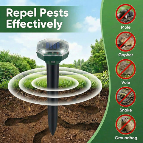Solar Powered Ultrasonic Mole And Gopher Repeller Pack Of Four Waterproof Outdoor Pest Deterrents overview with pest images